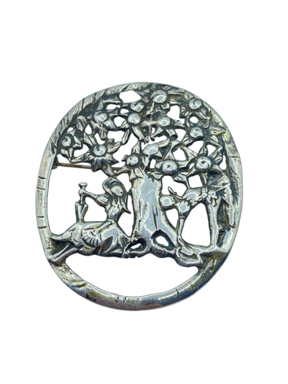 Large Vintage Sterling Silver Girl Under The Apple Tree Brooch 2.25” 20.4 Grams